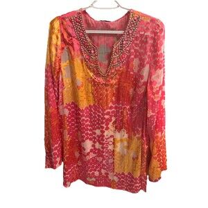 Lane Bryant Tunic Blouse Sz 14/16 Pink Orange Jewels Boho Bollywood